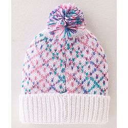 Babyhug Woollen Caps with Pompom - White & Pink