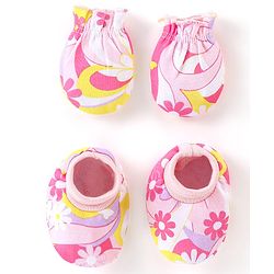 Babyhug 100% Cotton Knit Mitten & Booties Floral Print - Pink