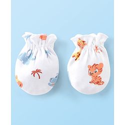 Babyhug 100% Cotton Knit Tiger Print Mittens & Booties - White