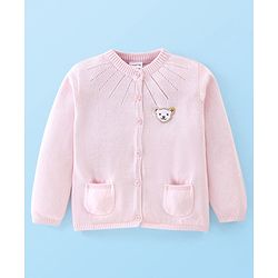 Babyhug Cotton Knitted Full Sleeves Sweater With Bear Applique - Pink