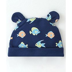 Babyhug 100% Cotton Knit Cap Marine Life Print - Navy Blue