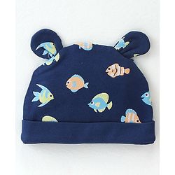 Babyhug 100% Cotton Knit Cap Marine Life Print - Navy Blue