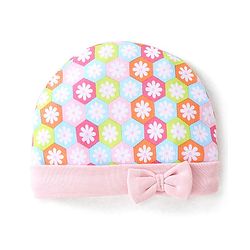 Babyhug 100% Cotton Knit Cap Floral Printed with Bow Applique- Pink
