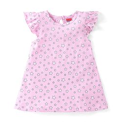 Babyhug Cotton Knit Frill Sleeves Nighty with Stars Print - Pink