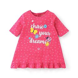 Babyhug Cotton Knit Three Fourth Sleeves Butterfly Printed Night Suit - Pink