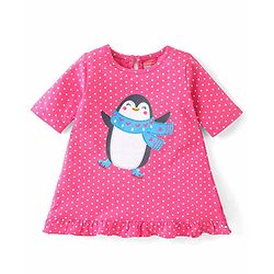 Babyhug Cotton Knit Three Fourth Sleeve Nighty With Penguin Print - Pink