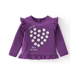 Babyhug Cotton Full Sleeves T-Shirt with Flower Appliques & Frill Detailing - Purple