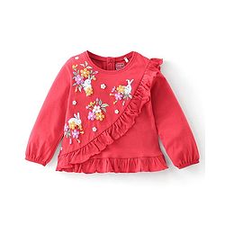 Babyhug 100% Cotton Knit Full Sleeves Top WIth Frill Detailing Floral Print - Red