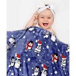 Babyhug Premium Penguin Print Coral Blanket- Navy Blue