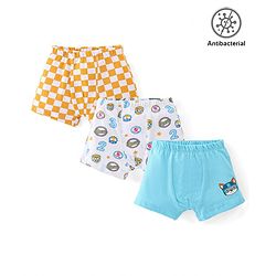 Babyhug 100% Cotton Antibacterial Trunk Briefs Checks & Fox Print Pack of 3- Blue White & Yellow