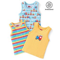 Babyhug 100% Cotton Sleeveless Antibacterial Sando Vests Stripes & Train Print Pack of 3 - Blue Red & Yellow