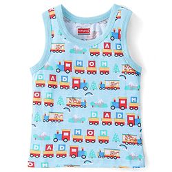 Babyhug 100% Cotton Sleeveless Antibacterial Sando Vests Stripes & Train Print Pack of 3 - Blue Red & Yellow