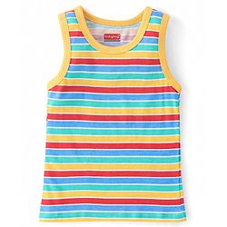 Babyhug 100% Cotton Sleeveless Antibacterial Sando Vests Stripes & Train Print Pack of 3 - Blue Red & Yellow