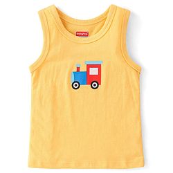 Babyhug 100% Cotton Sleeveless Antibacterial Sando Vests Stripes & Train Print Pack of 3 - Blue Red & Yellow