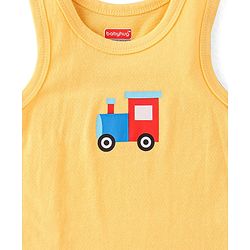 Babyhug 100% Cotton Sleeveless Antibacterial Sando Vests Stripes & Train Print Pack of 3 - Blue Red & Yellow