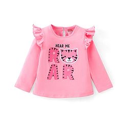Babyhug 100% Cotton Full Sleeves T-Shirt With Frill & Marrowing Detailing & Tiger Print - Pink