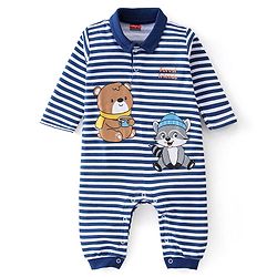 Babyhug 100% Cotton Knit Full Sleeves Striped Romper - Navy
