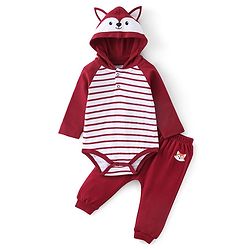 Babyhug 100% Cotton Knit Full Sleeves Striped Hooded Onesie with Lounge Pant - Red