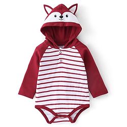 Babyhug 100% Cotton Knit Full Sleeves Striped Hooded Onesie with Lounge Pant - Red