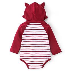 Babyhug 100% Cotton Knit Full Sleeves Striped Hooded Onesie with Lounge Pant - Red