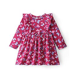 Babyhug Cotton Knit Full Sleeves Frock Butterfly Print - Pink