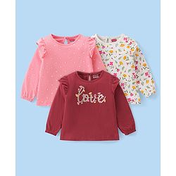 Babyhug Cotton Knit Full Sleeves Floral & Text Print T-Shirts Pack of 3 - Pink Maroon & Green