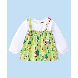 Babyhug Cotton Knit Full Sleeves Overlap Top with Jungle Theme Print & Smocking Detailing - Lime Green