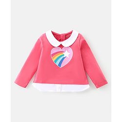 Babyhug 100% Cotton Knit Full Sleeves Overlap Peterpan Collar T-Shirt With Graphics - Pink & White