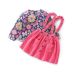 Babyhug 100% Cotton Knit Full Sleeves With Top & Skirt Floral Print - Navy Blue & Pink