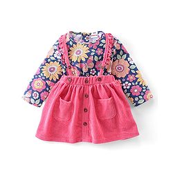 Babyhug 100% Cotton Knit Full Sleeves With Top & Skirt Floral Print - Navy Blue & Pink