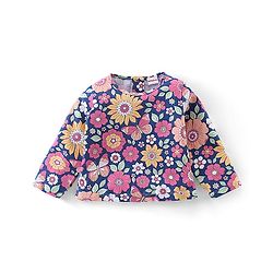 Babyhug 100% Cotton Knit Full Sleeves With Top & Skirt Floral Print - Navy Blue & Pink