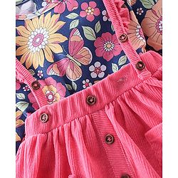 Babyhug 100% Cotton Knit Full Sleeves With Top & Skirt Floral Print - Navy Blue & Pink