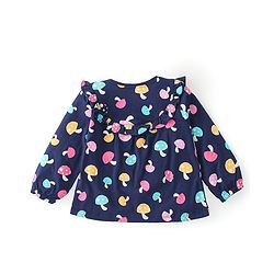 Babyhug Cotton Knit Full Sleeves Mushroom Printed Top with Frill Detailing - Navy Blue