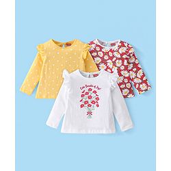 Babyhug 100% Cotton Knit Full Sleeves Tees With Frill Detailing & Floral Graphics Pack of 3- Red White & Yellow
