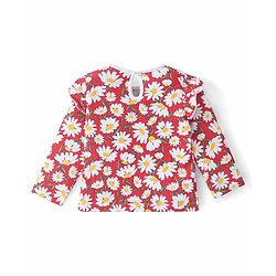 Babyhug 100% Cotton Knit Full Sleeves Tees With Frill Detailing & Floral Graphics Pack of 3- Red White & Yellow