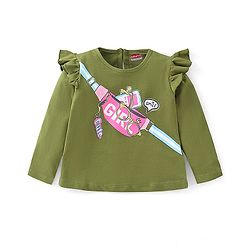 Babyhug 100% Cotton Knit Full Sleeves T-Shirt With Graphics & Frill Detailing - Green