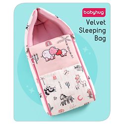 Babyhug Velour Sleeping Bag Baby Animal Print with Embroidery - Pink