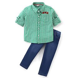 Babyhug Full Sleeves Checekered Shirt and Denim Jeans With Text Applique - Green & Blue