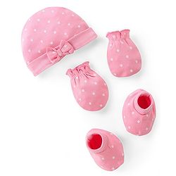 Babyhug 100% Cotton Kitted Cap Mittens & Booties with Polka Dot Print- Pink