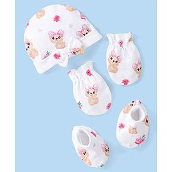 Babyhug 100% Cotton Cap Mittens & Booties Set Puppy Print - White