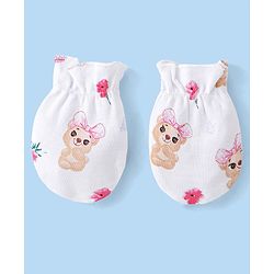 Babyhug 100% Cotton Cap Mittens & Booties Set Puppy Print - White