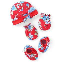 Babyhug 100% Cotton Cap Mittens & Booties Floral Print - Red