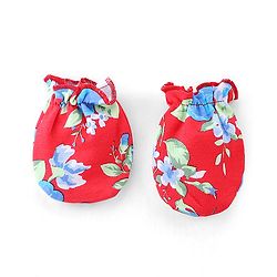 Babyhug 100% Cotton Cap Mittens & Booties Floral Print - Red