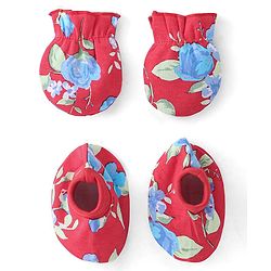 Babyhug 100% Cotton Mittens & Booties Floral Print - Red