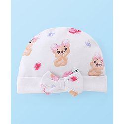 Babyhug 100% Cotton Cap With Teddy Print & Bow Applique White - Diameter 10 cm