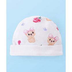 Babyhug 100% Cotton Cap With Teddy Print & Bow Applique White - Diameter 10 cm