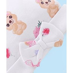 Babyhug 100% Cotton Cap With Teddy Print & Bow Applique White - Diameter 10 cm