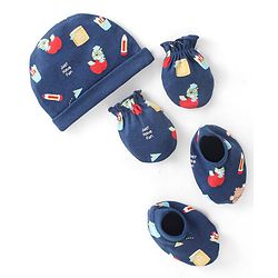 Babyhug 100% Cotton Caps Mittens & Booties with Caterpillar Print- Navy Blue
