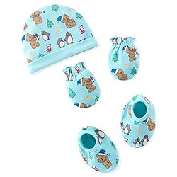 Babyhug 100% Cotton Knit Cap Mittens & Booties Set Teddy Print - Blue