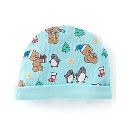Babyhug 100% Cotton Knit Cap Mittens & Booties Set Teddy Print - Blue